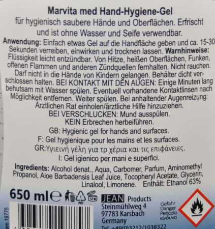 650 ML Marvita med Hand Hygiene Gel 63% Ethanol antibakteriell Tisch Spender (EUR 19,92 / L)
