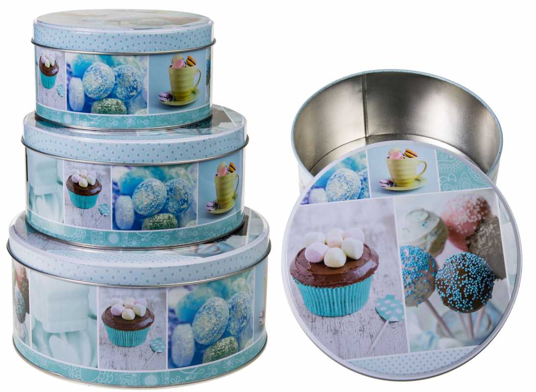 3er Set Keksdosen Plätzchendosen Gebäckdosen Metall Cupcake blau 3 Größen