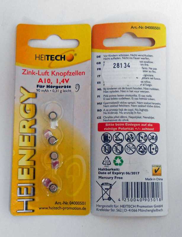 100x 4er Heitech Zink-Luft Knopfzellen A10, 1,4 Volt für Hörgeräte MHD 06/2017