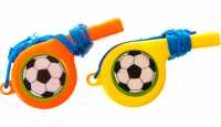 12 Trillerpfeifen orange und gelb mit blauem Umhängeband, beidseitig mit Fussballsticker beklebt
